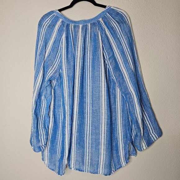 Soft Surrounding 1X Blue Striped Linen Blend Roll Tab Top Nautical Coastal Beach - Picture 6 of 6